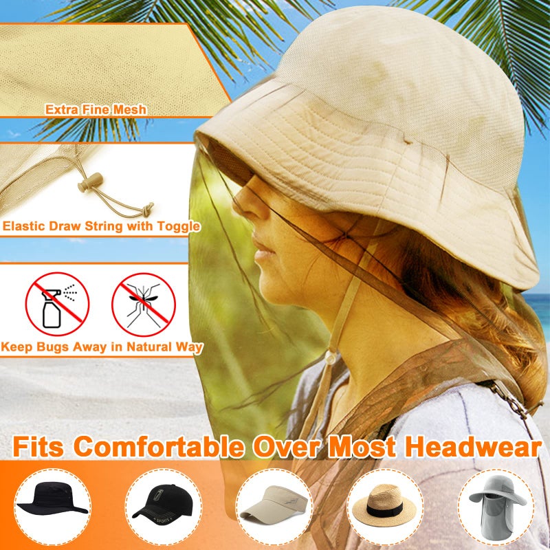 Benvo Mosquito Head Net Mesh, Face Neck Fly Netting Hood from Bugs Gnats Noseeums Screen Net for Any Outdoor Lover- with Carry Bags Fits Most Sizes of Hats Caps (2pcs, Khaki, Updated Big Net) - Image 3